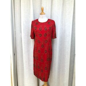 1990 Carina by Barry Lee Megere red silk  gold glass beads & sequin shift dress